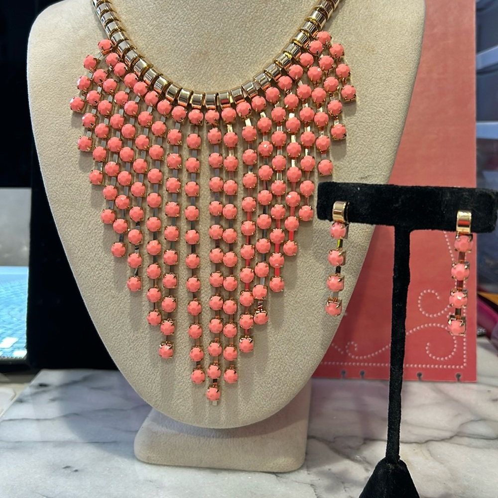 Pink Opaque Crystal Fringe Statement Necklace & Earrings Set-Boutique
